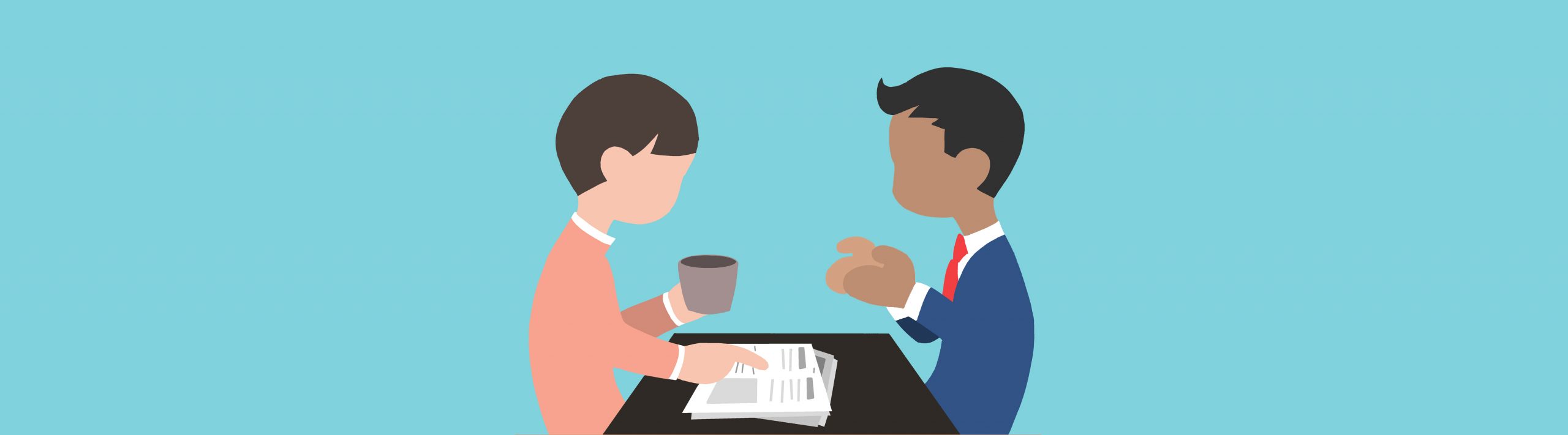 Ilustración de abogado y cliente conversando en una consulta personalizada