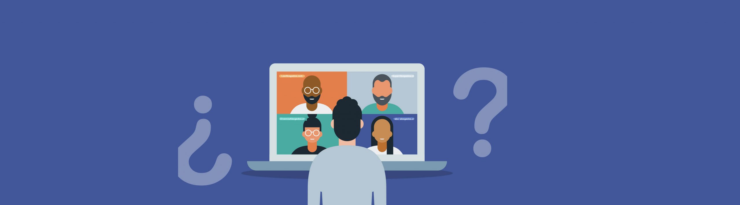 Ilustración de persona eligiendo entre perfiles de abogados desconocidos en un computador